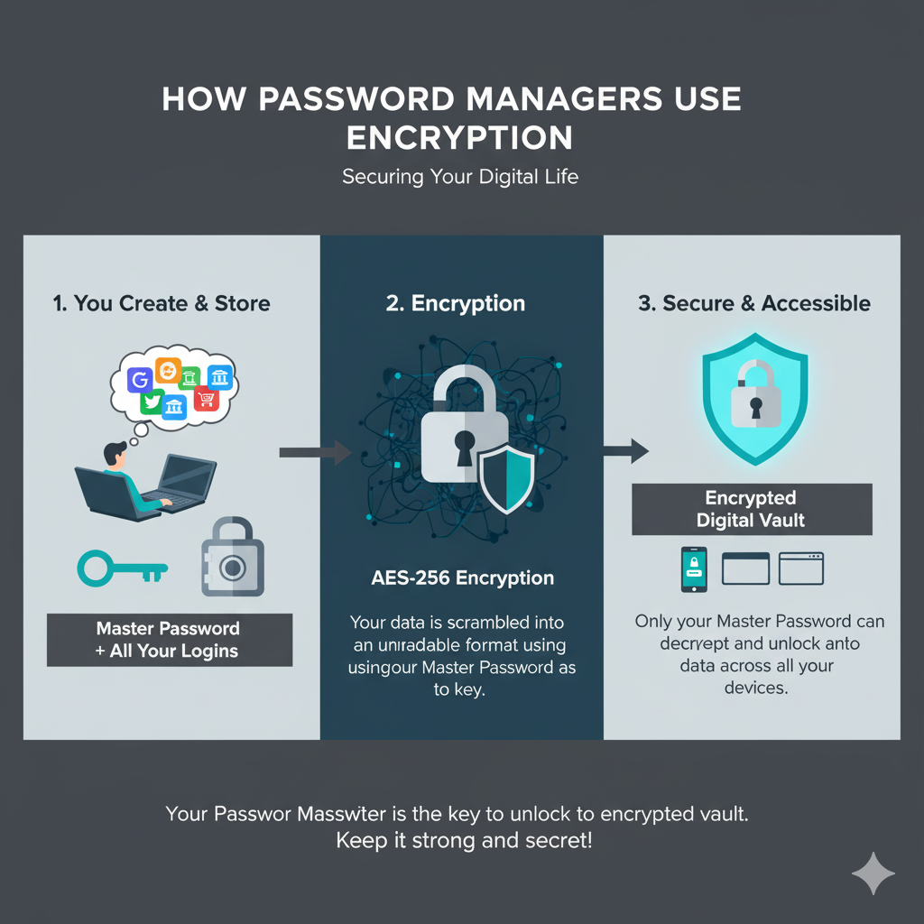 Visual explanation of how password managers use encryption to protect your data